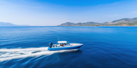 Motor boat rides on lake. Blue boat moves along river. Seascape with hills in distance