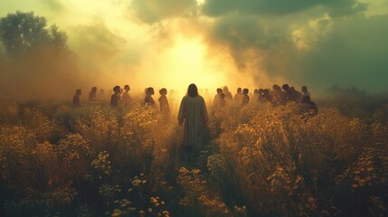 Jesus appears to his followers in the meadow. Biblical scene at sunrise. Digital painting.