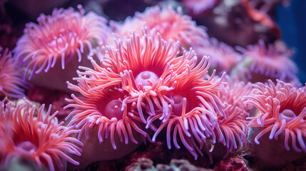 Underwater exotic plants. Marine animals living on ocean floor. Underwater fauna with pink tentacles