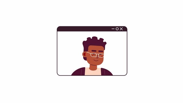 Video call african american eyeglasses man 2D character animation. Webinar screen black young male flat cartoon 4K video, transparent alpha channel. Digital entrepreneur animated person on white