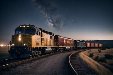The train runs at night under the starry sky