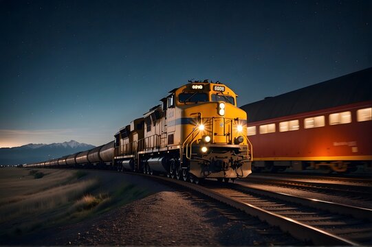 The train runs at night under the starry sky