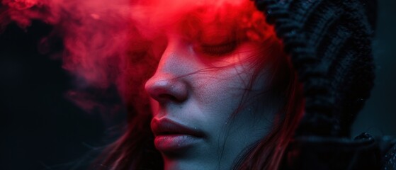 a woman wearing a hat with red smoke coming out of the top of her head and her hair blowing in the wind.