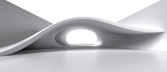 a curved white object with a light coming out of it's hole in the middle of a room with white walls.