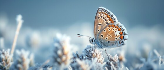 a close up of a butterfly on a plant with snow on it's wings and a blue sky in the background.