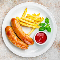 fried sausages and french fries fast food meat and potatoes tasty fresh eating cooking appetizer meal food snack on the table copy space food