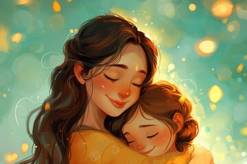 Capture a heartwarming moment in an image where a cute preschooler daughter hugs and cuddles with her smiling young mother