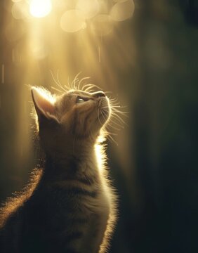 a close up of a cat looking up at the sky with a beam of light coming from the top of its head.