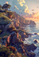 a painting of a cliff overlooking the ocean with birds flying in the sky and the sun setting over the water.