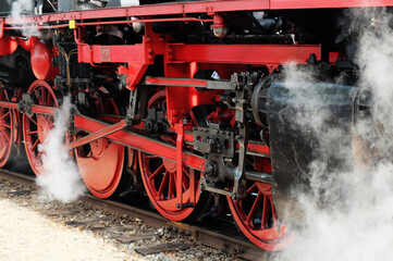 Detail of an impressive old black and red steam locomotive from Germany is operated on special days on the track from Beekbergen to Loenen in the Netherlands