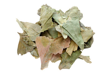 Heap of dried ginkgo biloba leaves isolated on white background, top view. Dried ginkgo biloba leaves, top view.
