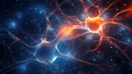 Neural connections in body. Science background with glowing neurons. Electrical connections of human cells