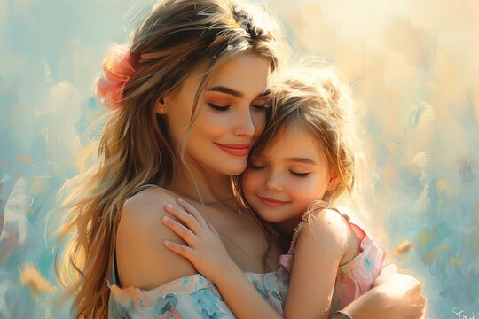 Capture a heartwarming moment in an image where a cute preschooler daughter hugs and cuddles with her smiling young mother