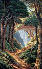 a painting of a path through a forest with mountains in the distance and trees on either side of the path.