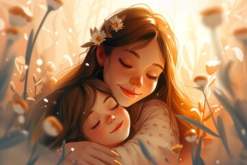 Capture a heartwarming moment in an image where a cute preschooler daughter hugs and cuddles with her smiling young mother