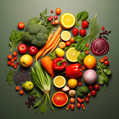 Organic vegetables and fruits lie on green surface. Set of vitamin food for diet lunch. Healthy food for weight loss