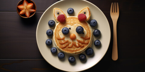 Fototapeta na wymiar Breakfast for Children with Cat Face Made of Waffles Fruit and Berries