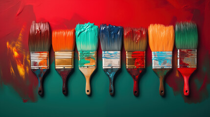 Paint brushes with multi-colored paint lie on table. Creative dye for painting work. Brushes for painter doing repairs - obrazy, fototapety, plakaty