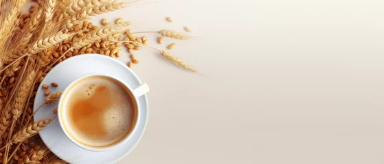 Fotobehang Golden Barley and Fresh Coffee Cup on Creamy Background © Priessnitz Studio