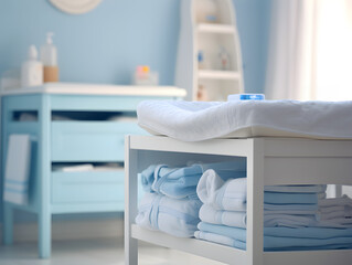 Pastel blue nursing room with changing table and baby stuff