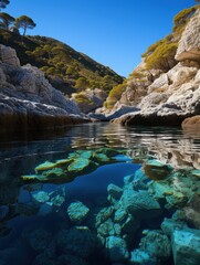 A beautiful body of water encircled by a rocky terrain and lush trees.
