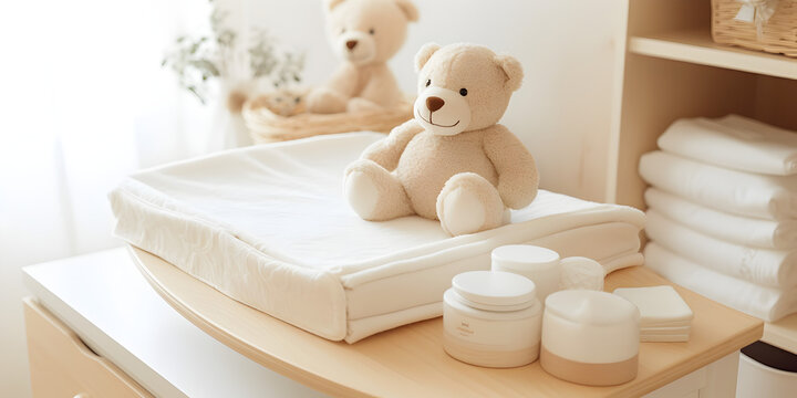 Pastel beige nursing room with changing table and baby stuff