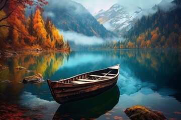 a boat on a lake - obrazy, fototapety, plakaty