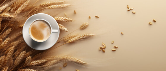 Golden Barley and Fresh Coffee Cup on Creamy Background