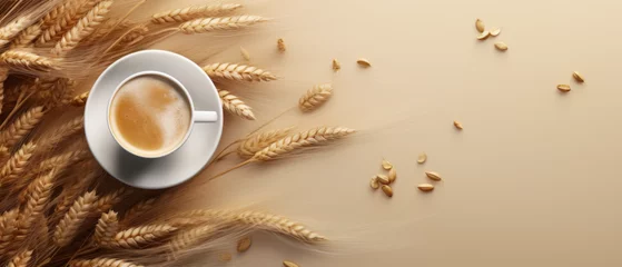 Zelfklevend Fotobehang Koffiebar Golden Barley and Fresh Coffee Cup on Creamy Background