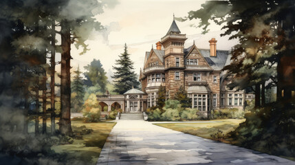 Victorian Mansion in a Forested Estate Watercolor Illustration - obrazy, fototapety, plakaty