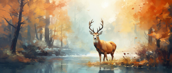 Deer Standing in a Sunlit Autumnal Forest
