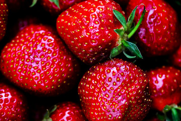 Fresh, ripe, organic strawberries. Macro. top view