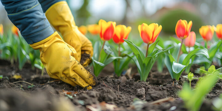 Close-up of gardener hands with yellow gloves planting flowers in garden in spring sunny day.