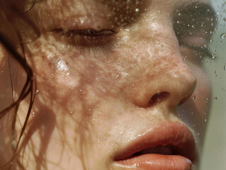 Fototapeta premium Portrait of beautiful natural woman with dewy wet skin