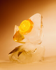 Fresh mandarin orange, sliced and frozen in ice