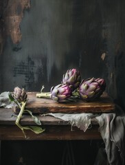 a bunch of artichokes sitting on top of a wooden cutting board next to a piece of cloth. - obrazy, fototapety, plakaty
