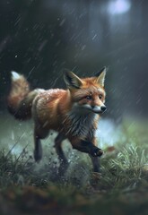 a painting of a red fox running through a field in the rain with it's head turned to the right.