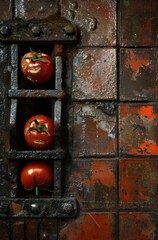 a couple of red tomatoes sitting on top of a metal shelf next to a red and black tile wall with rusted grungy paint.