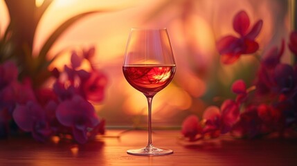 a glass of wine sitting on top of a wooden table next to a vase filled with purple and red flowers.