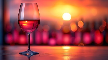 a glass of wine sitting on a table in front of a blurry background of buildings and a setting sun.