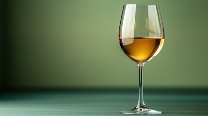 a close up of a wine glass with a liquid inside of it on a table with a green wall in the background.