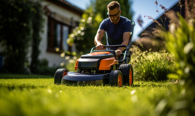 man mowing lawn in front garden with lawn mower