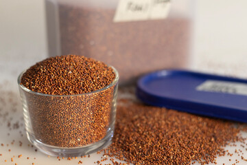 Finger millet grains kept in a storage container and glass bowl filled to the brim