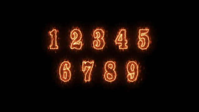 123 stock Number Fire flames animation. letters motion animated on alpha channel transparent background