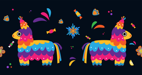 Mexican donkey pinata with candies. Decorative festive seamless border. 