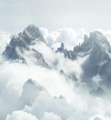 a group of mountains in the clouds with a plane in the sky with a plane in the sky with a plane in the sky with a plane in the clouds. - obrazy, fototapety, plakaty