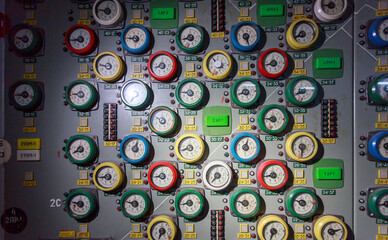 Closeup view of special equipment in control room of nuclear station.