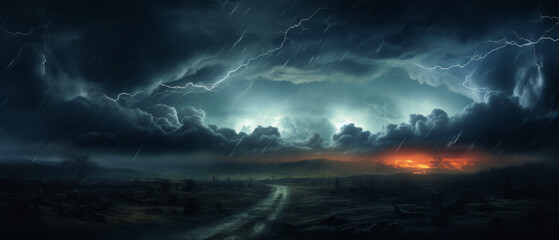 Apocalyptic Landscape with Intense Lightning Storm and Fiery Meteor Shower