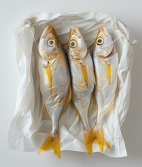 a couple of fish sitting on top of a piece of white paper on top of a white counter top next to each other.