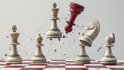 The image depicts a chessboard with a selection of white chess pieces, including pawns, a knight, a king, and a bishop, all standing in their positions. In the center, the red queen piece is captured  - obrazy, fototapety, plakaty